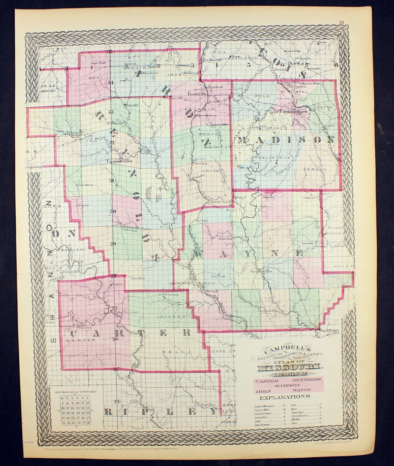 1873 Missouri Counties of Carter Madison Iron Reynolds Wayne Map Color Original