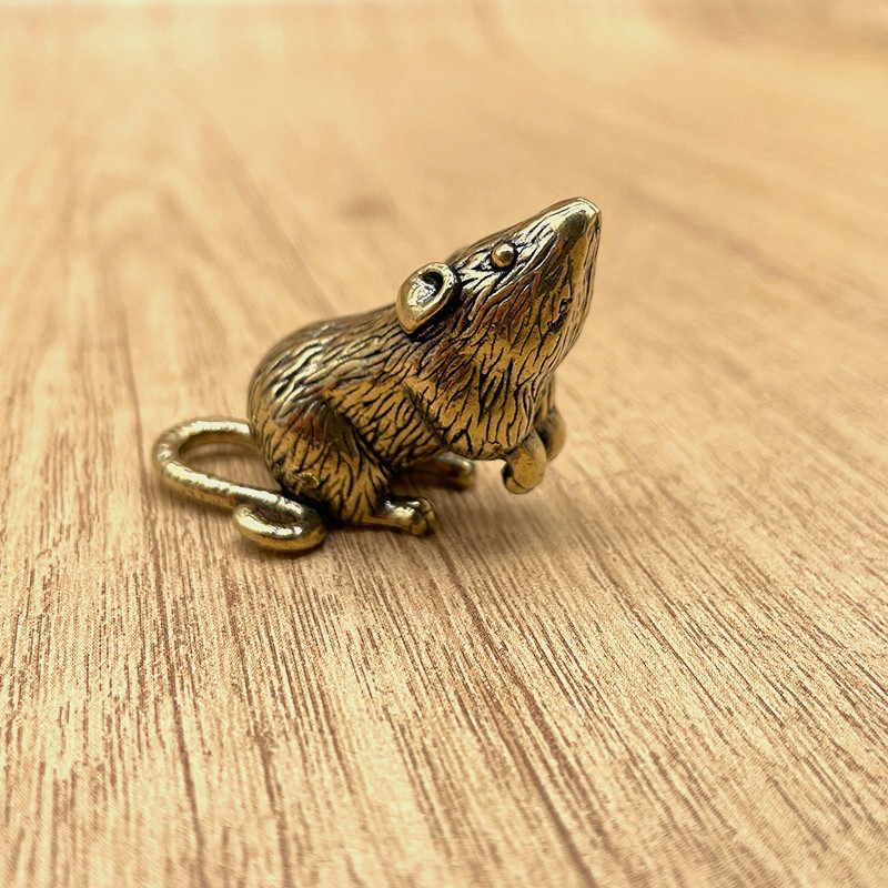 Brass Rat Figurine Chinese Zodiac Mouse Statue Mini Animal Desk Decor