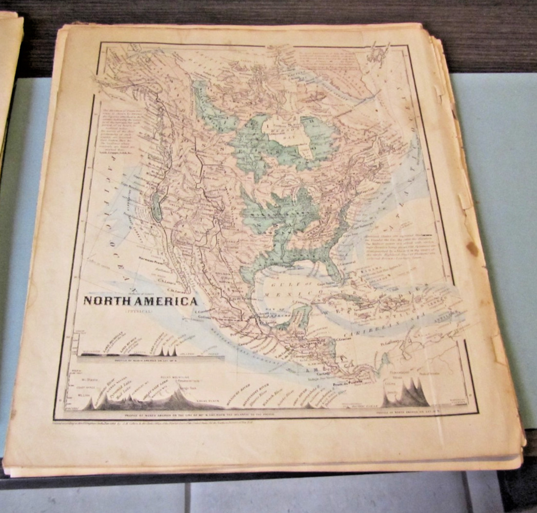 1860 Colton Physical North America Map Antique Color Original Eastern Hemisphere