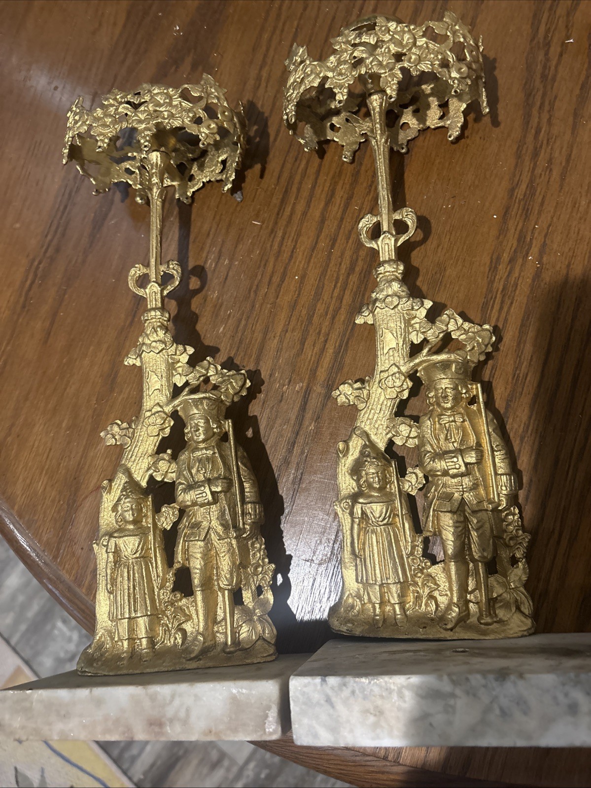 Antique Candlestick Pair Brass & Marble Peg, Legged Soldier, And Son