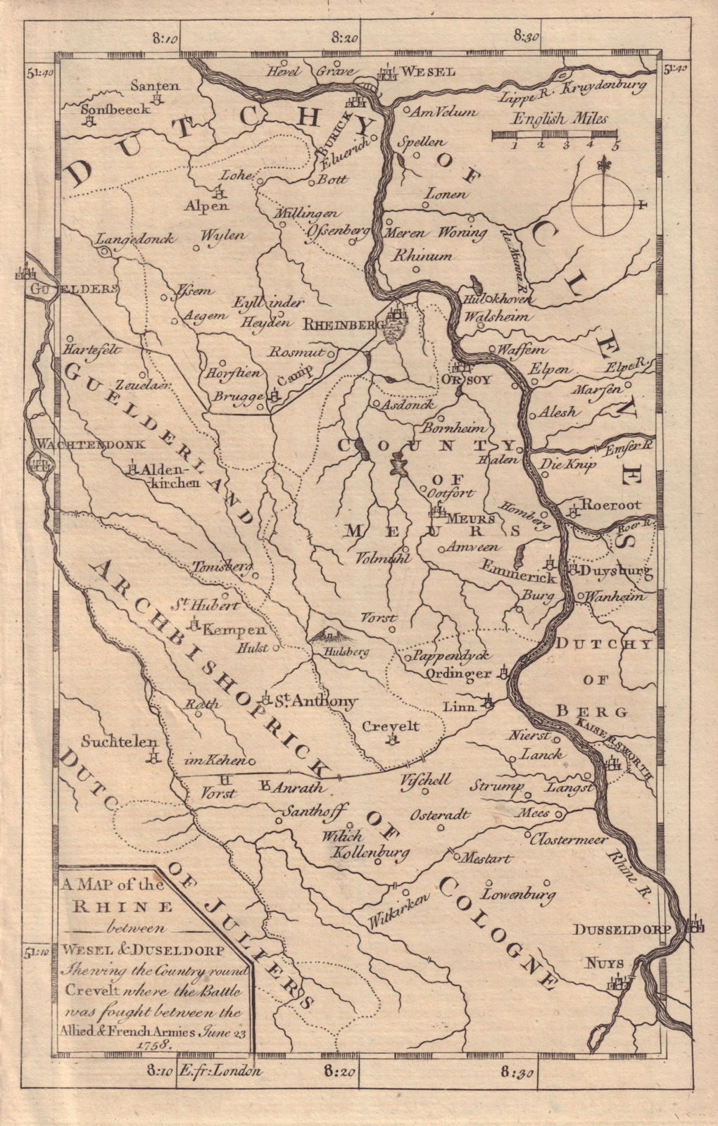 The Rhine between Wesel & Duseldorf… Duisburg Dusseldorf. GENTS MAG 1758 map