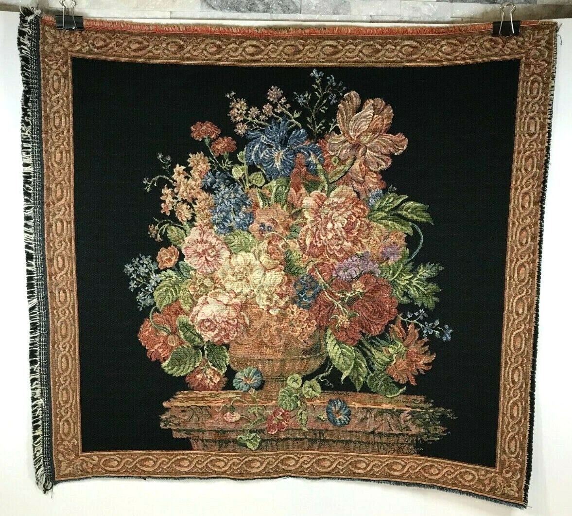 VTG Italian Woven Floral Bouquet on Column w/ Decorative Border Tapestry