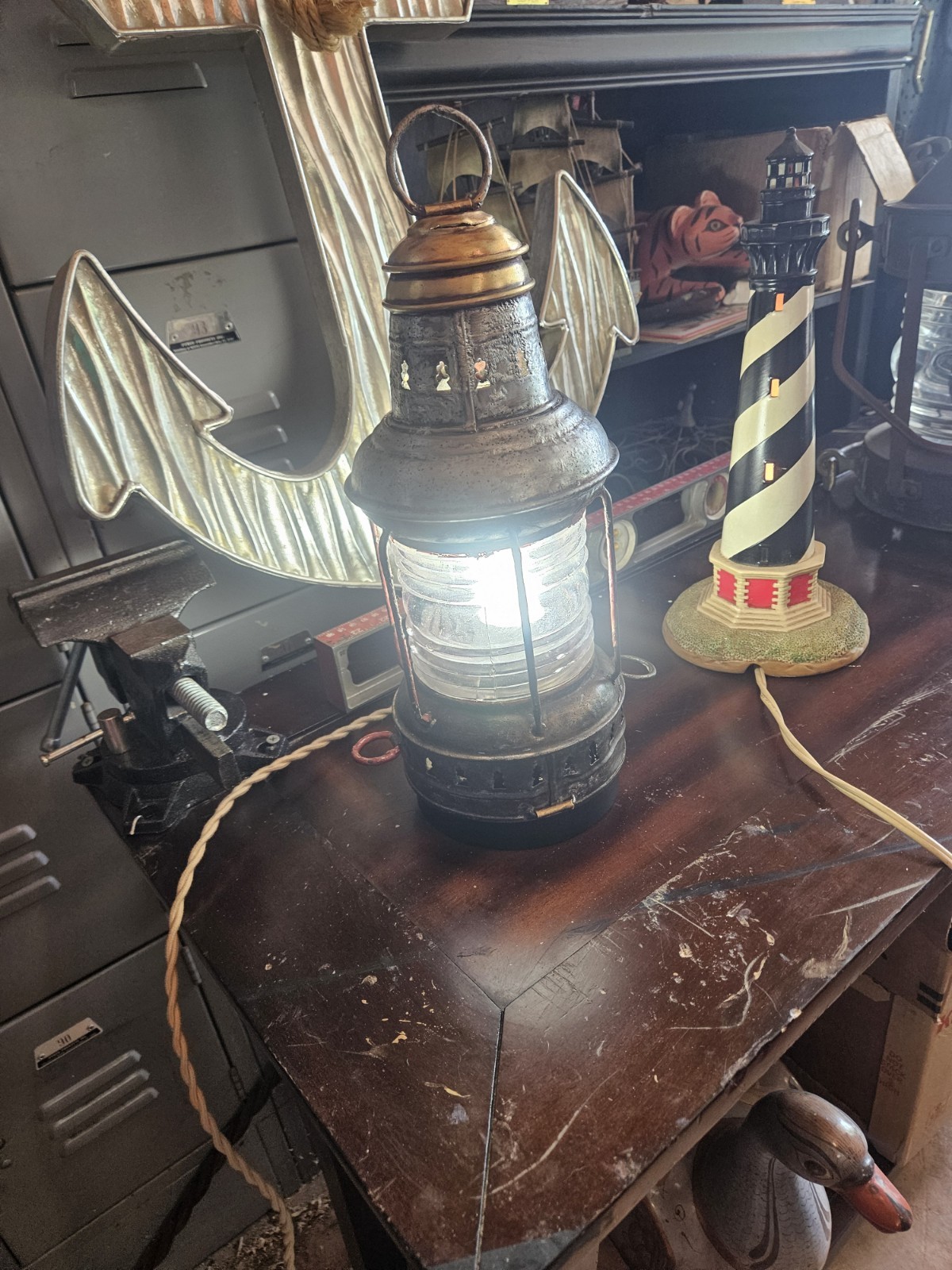 Antique Ship’s Brass Marine Lantern Old Late 1800’s Or Early 1900 ( electrified)