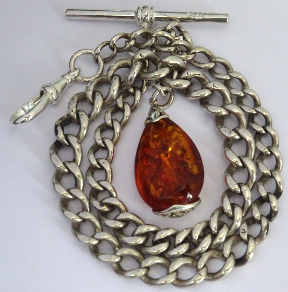Lovely antique solid silver pocket watch albert chain & silver fob set w/ amber