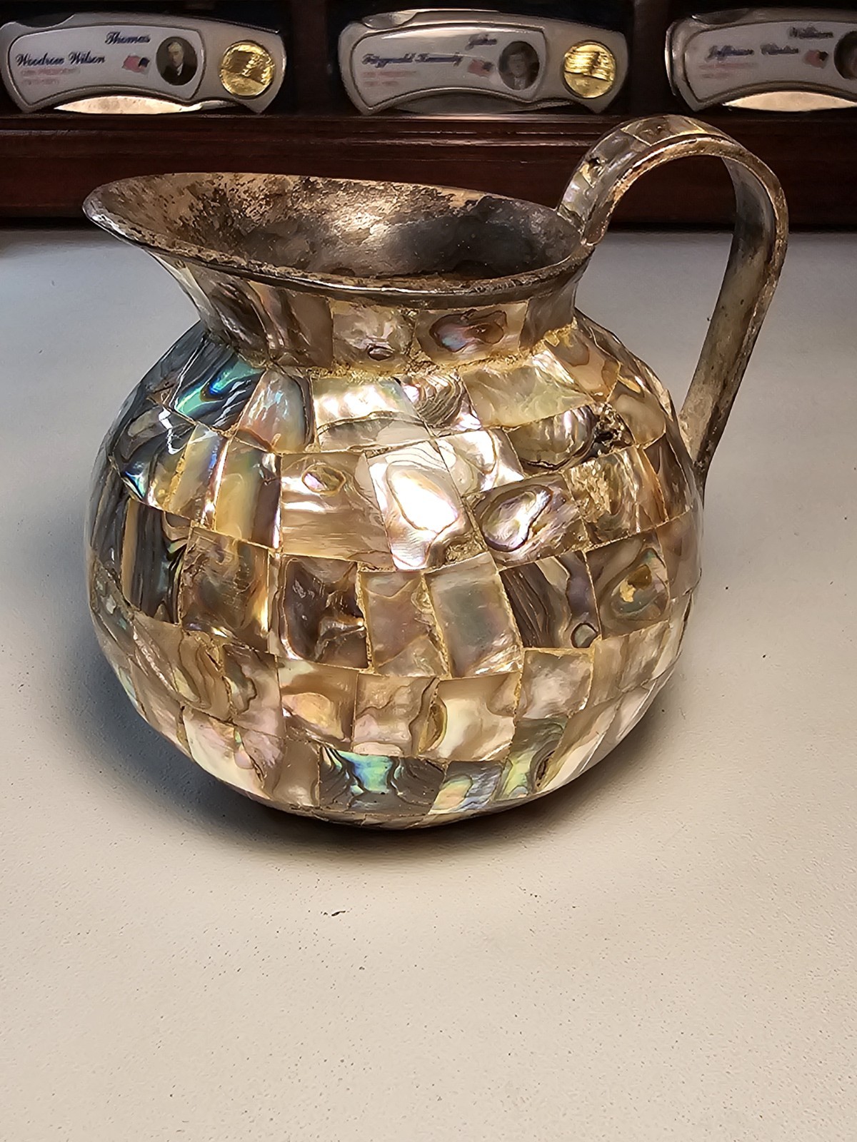 Mid Century Alpaca Silver Abalone Inlay Pitcher- Taxco, Los Castillos