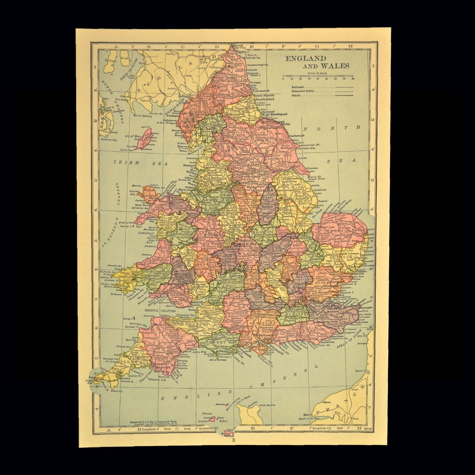 Vintage ENGLAND Map Wales Wall Art Decor Old Original 1930s Antique
