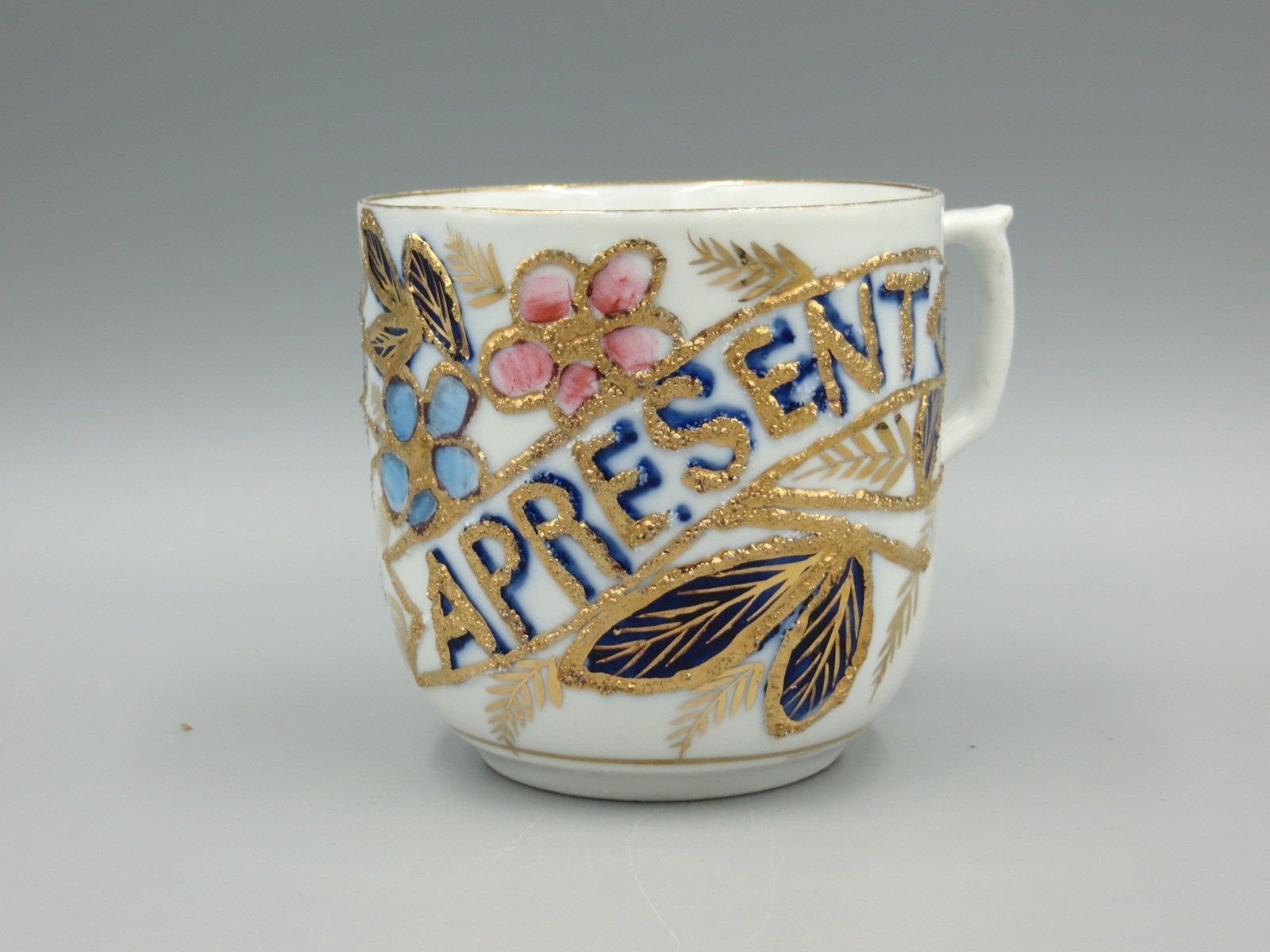 Vtg German Porcelain Embellished Mustache Cup Mug Gold Gilded