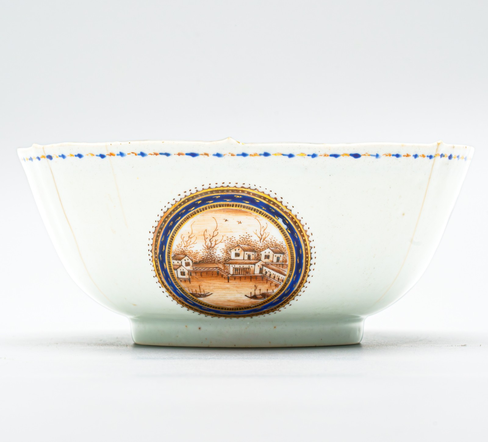Chinese Export American Bowl Sepia Shipyard Qianlong Blue Gilt Wide Enamel 18C
