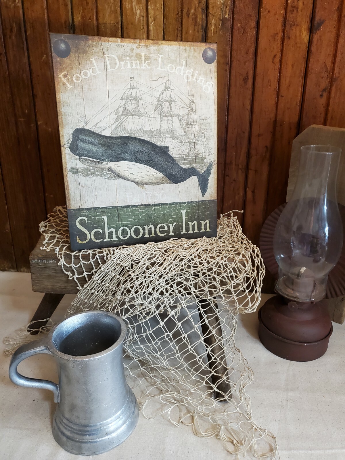 OLD PRIMITIVE ANTIQUE VINTAGE FOLK STYLE 1736 SCHOONER INN FISHING WHALE SIGN