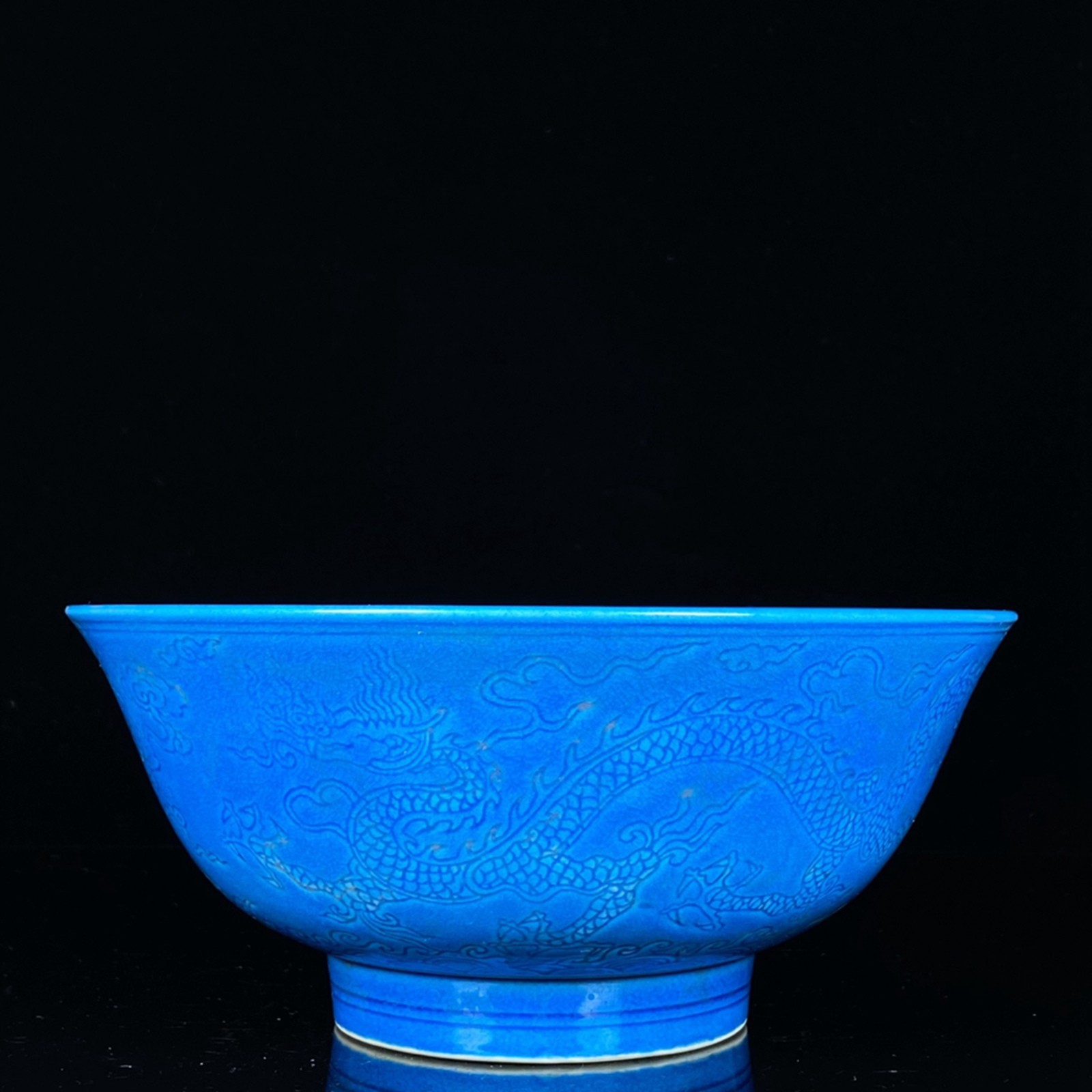 Chinese Blue Glaze Porcelain Handmade Exquisite Dragon Pattern Bowl 111703