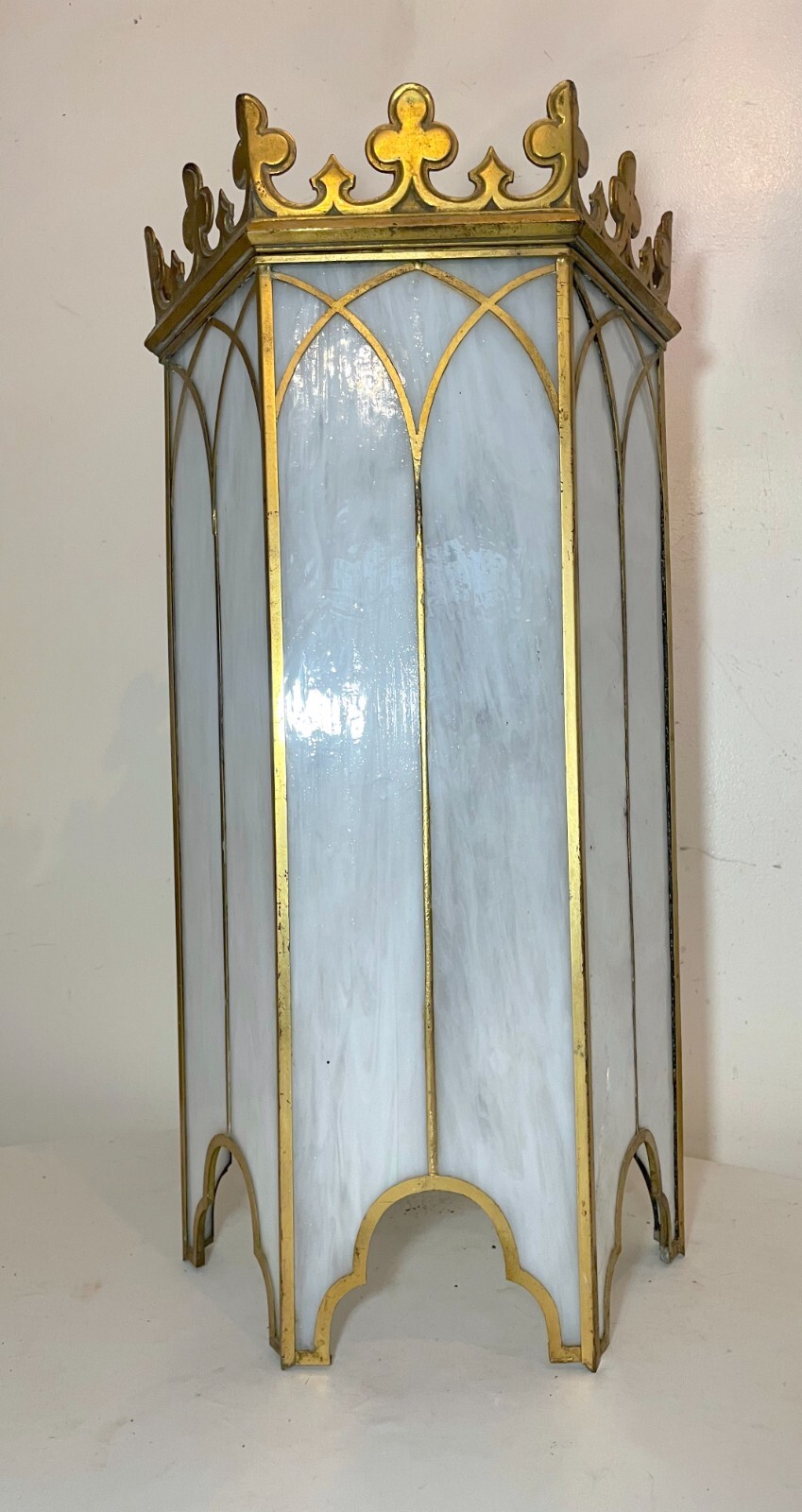 LARGE antique ornate gilt bronze stained glass church gothic hanging chandelier