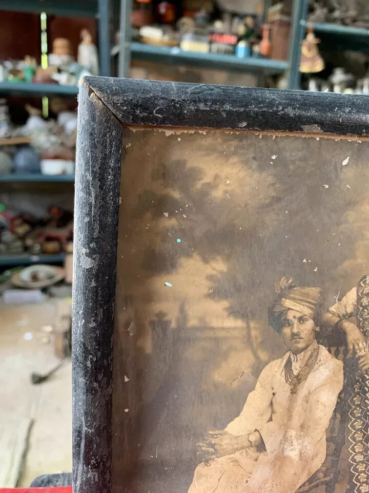 Vintage Indian Couple Man Woman Portrait Tinted Black & White Photograph Framed