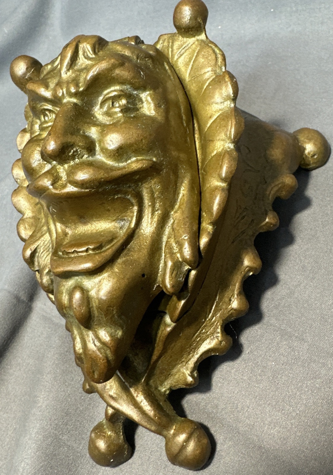 Antique Victorian Brass Grotesque Jester Figural Inkwell w Glass Insert Gothic