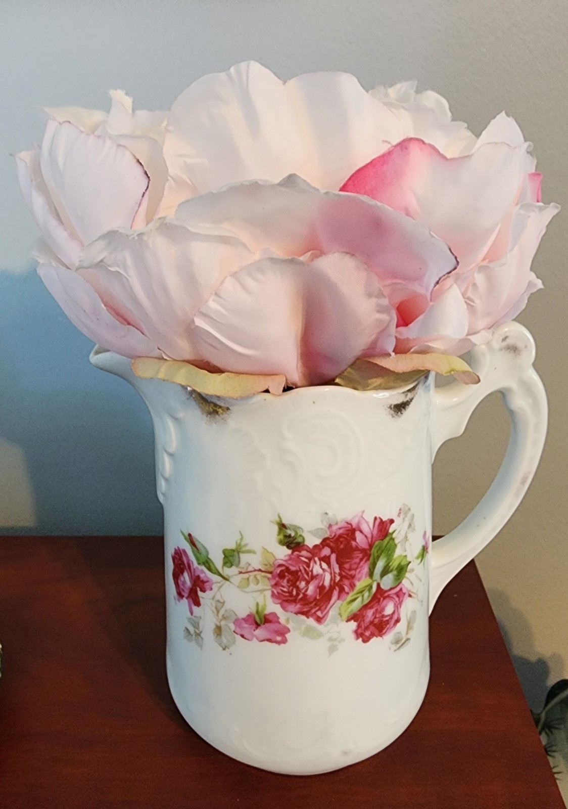 Vintage Floral Pitcher, Off White with Pink Flowers