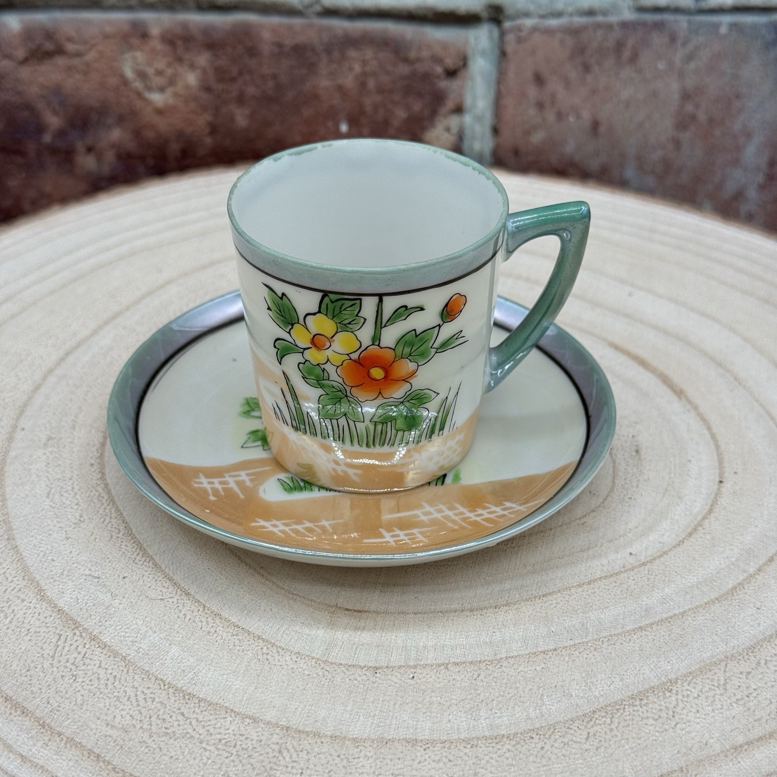 Vtg Lusterware Demitasse Tea Cup Saucer Set Flower Japan Peach Green Espresso