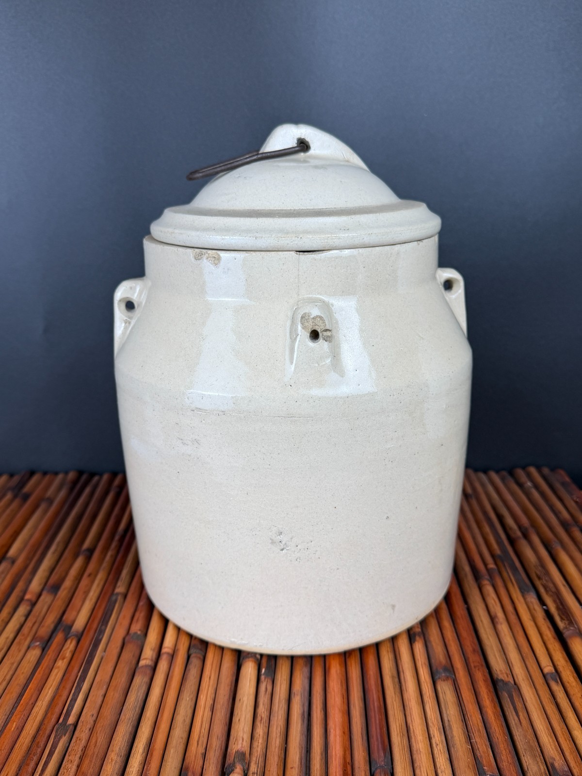 Antique Primitive Salt Glazed Stoneware Crock Lidded Pickle Jar 9.5″ Rustic 2009