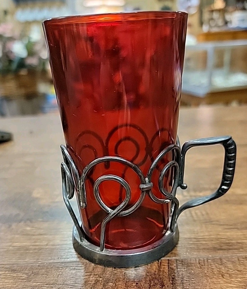 Antique Victorian Silver Plated Cup Handle with Red Art Glass Leaf Pattern