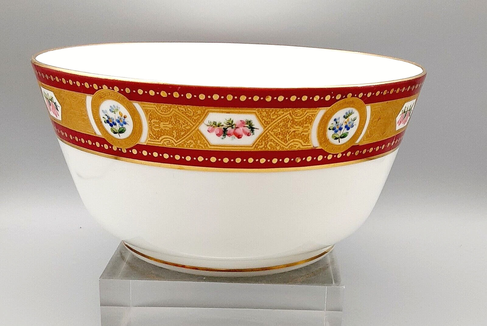 Antique English Porcelain Minton Red & Acid Etched Gold Bordered Floral Bowl