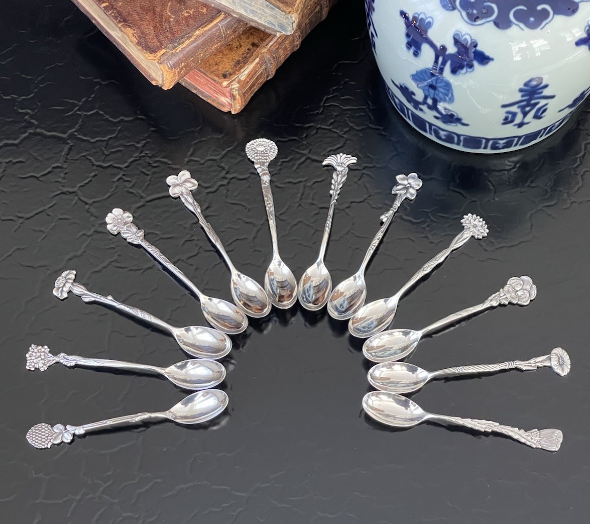 Rare Set 12 Tiffany & Co Sterling Silver Floral Demitasse Spoons American c1895