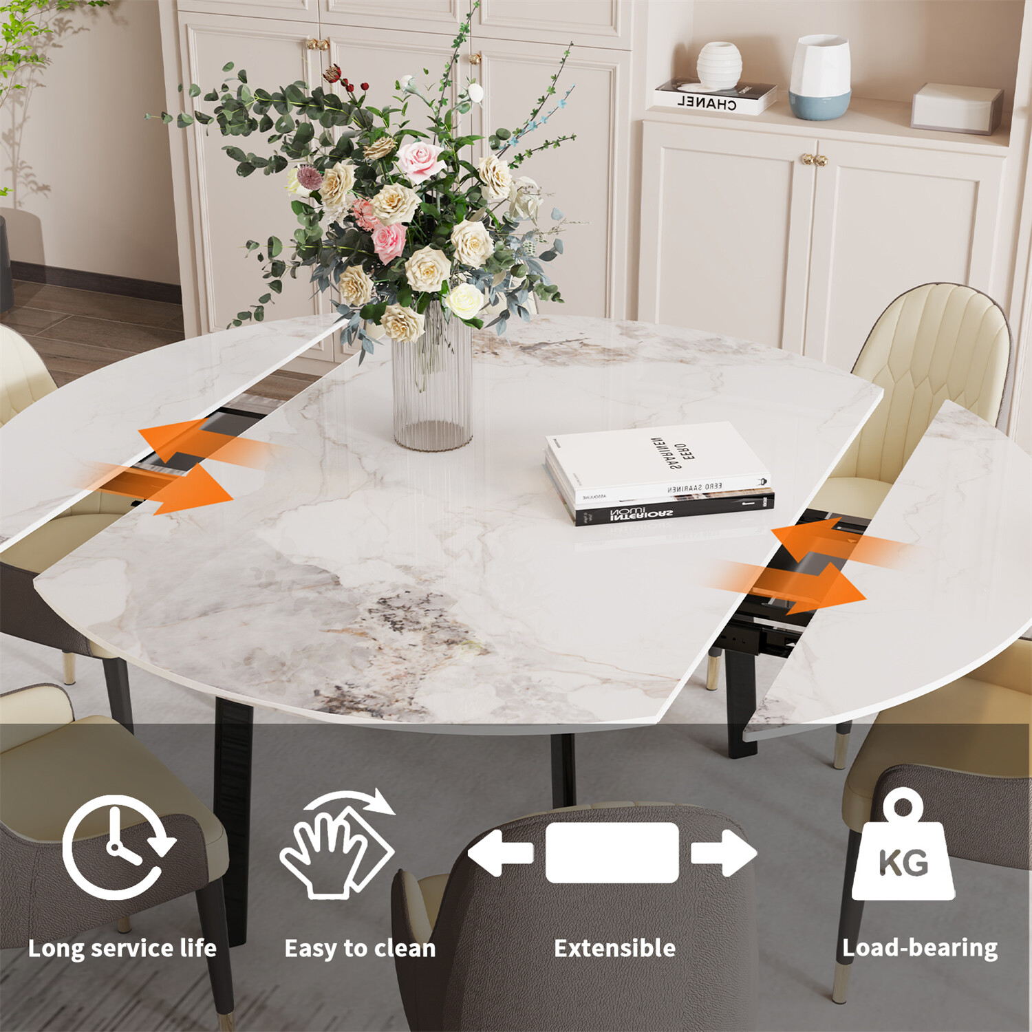 XXL Round Marble Dining Table & Leather Chair Extendable Restaurant Island Table