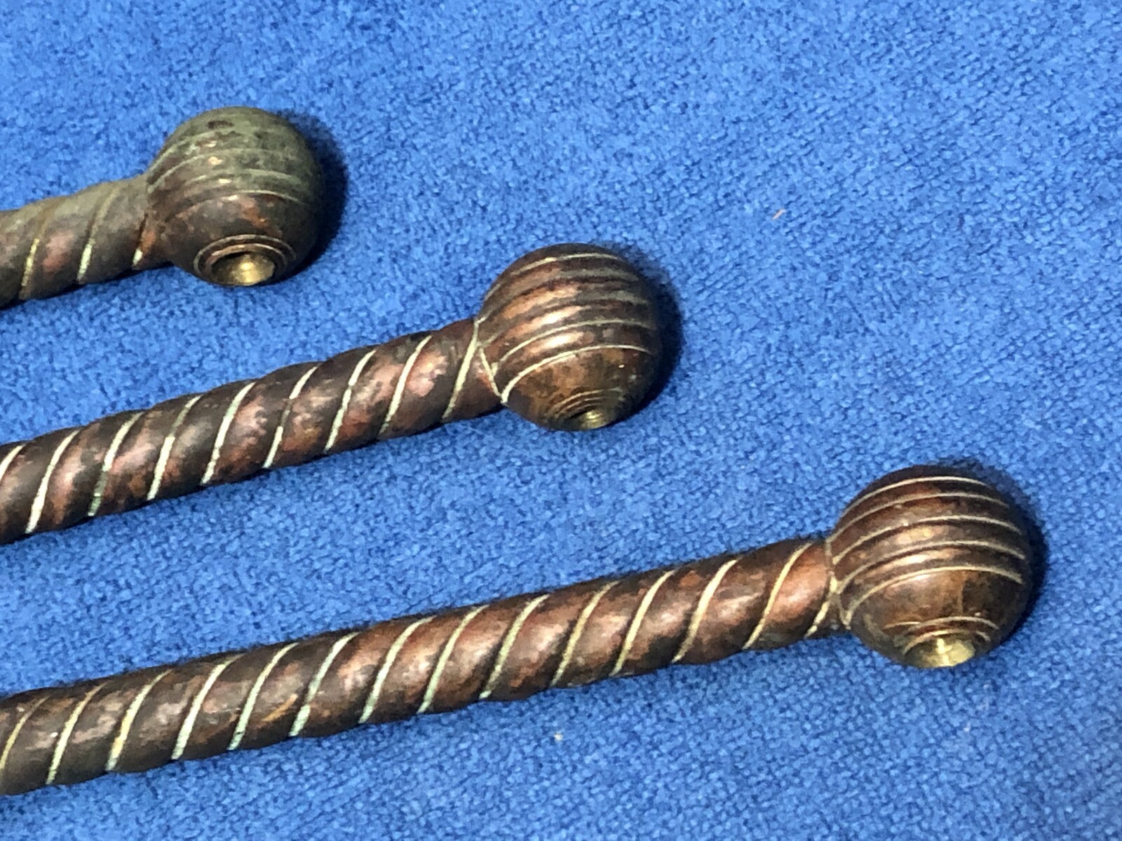 3 Matching ROPE TWIST Ornate BALL End Solid BRASS Architectural ANTIQUE 20” Pcs.