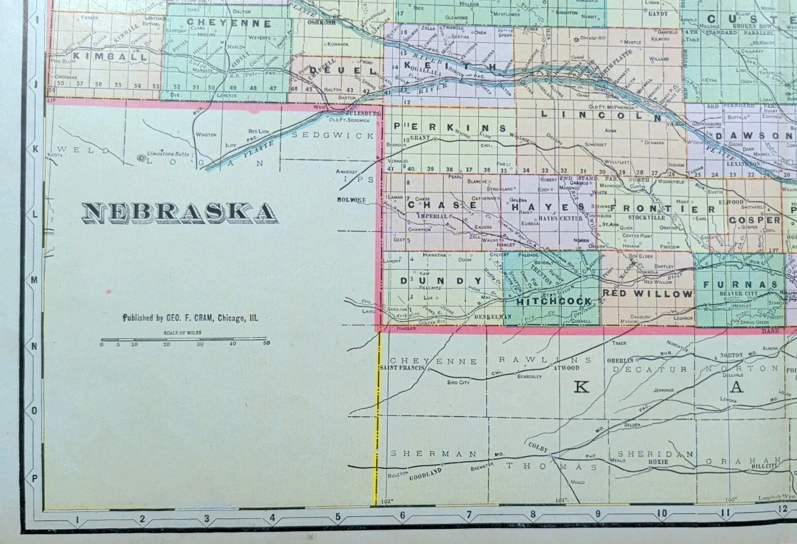 Vintage 1908 NEBRASKA Map 14″x22″ Old Antique Original KEARNEY GRAND ISLAND NE