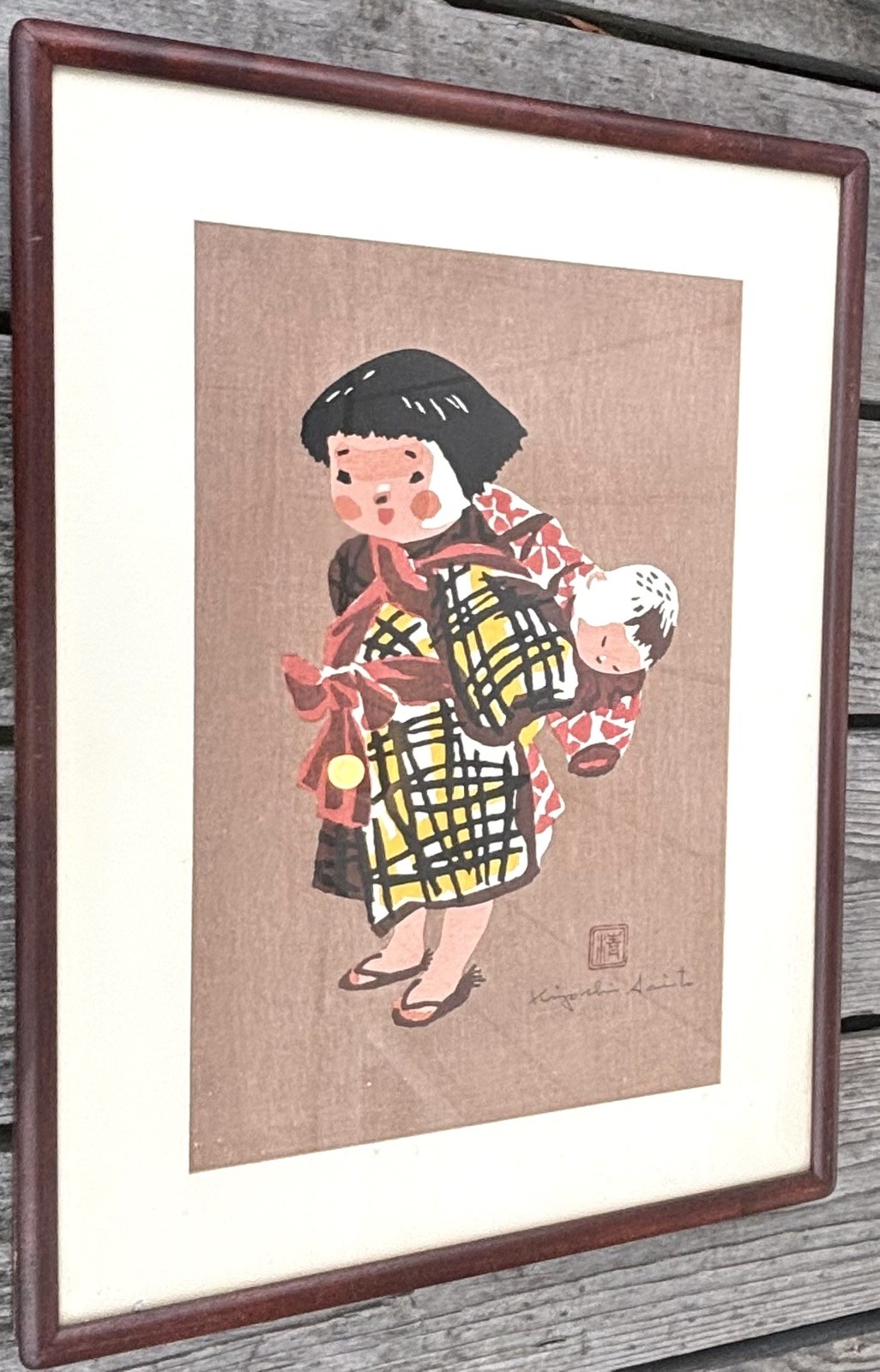 Kiyoshi Saito Signed Japanese Woodblock Print Children of Aizu 1950’s