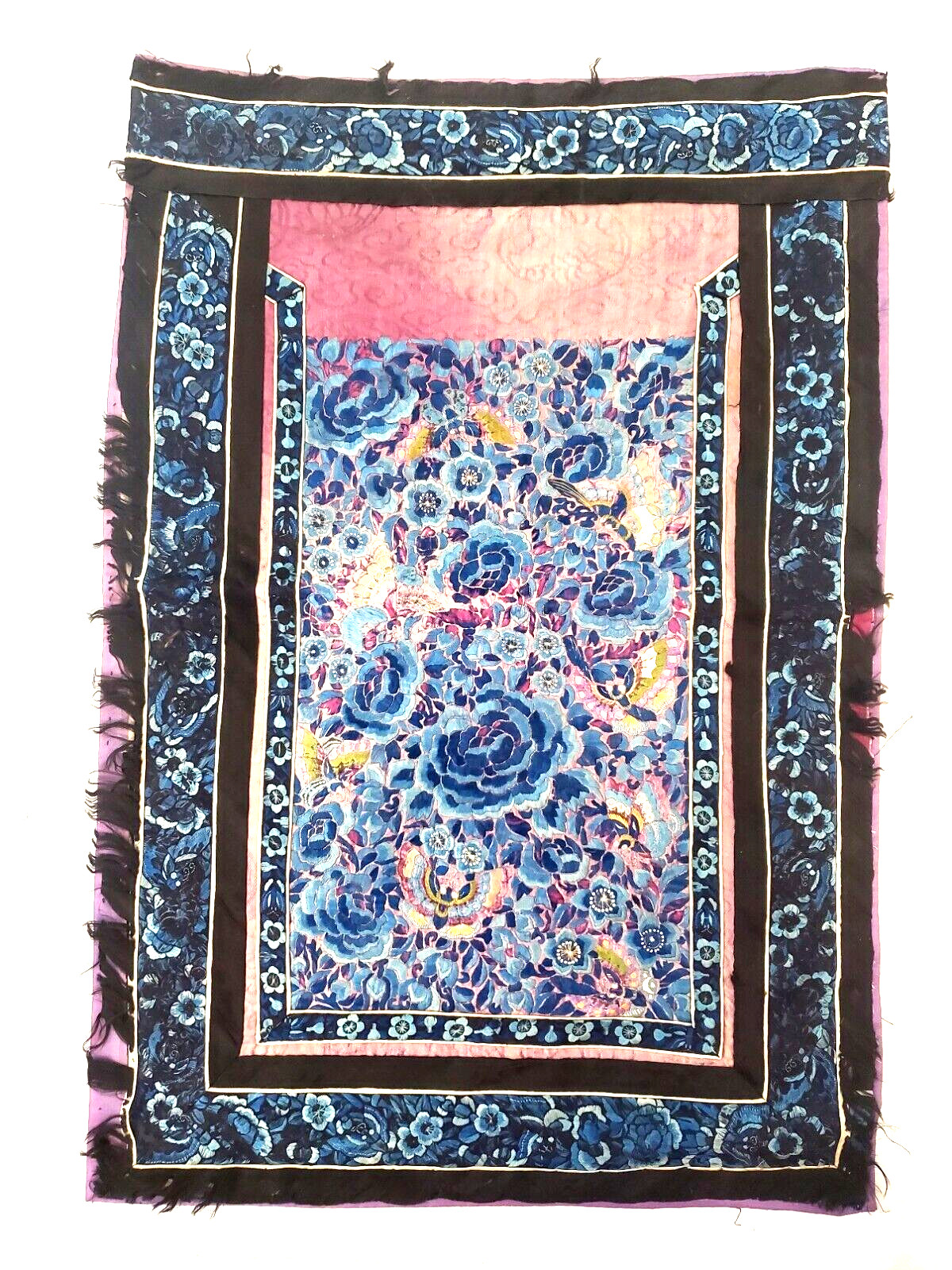 Antique 19th c Chinese Silk Hand Embroidery Skirt Panel Blue Black Swatch