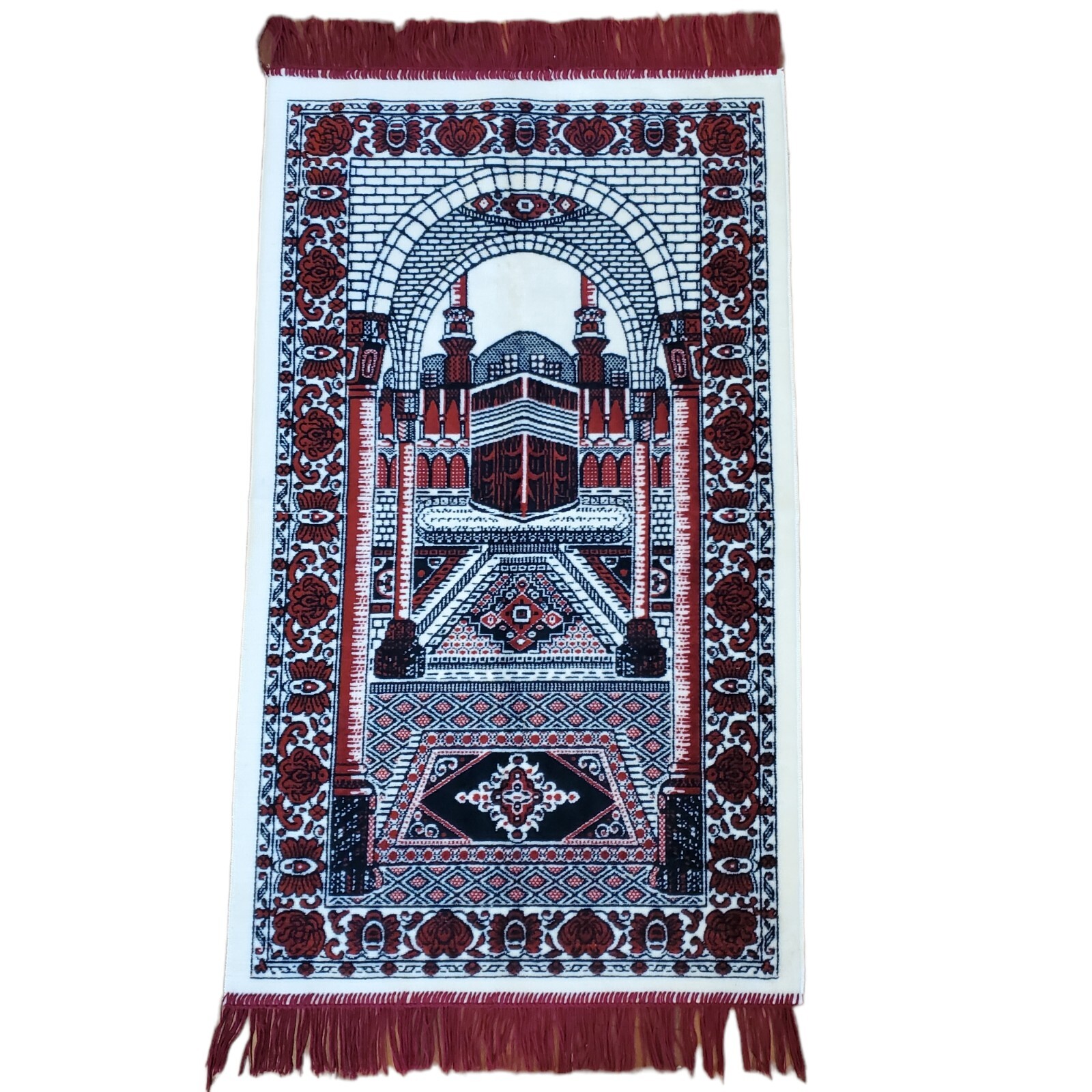 Vintage Tapestry Rug Red Off-White S.Arabia Wall Hanging Temple Prayer Fringe