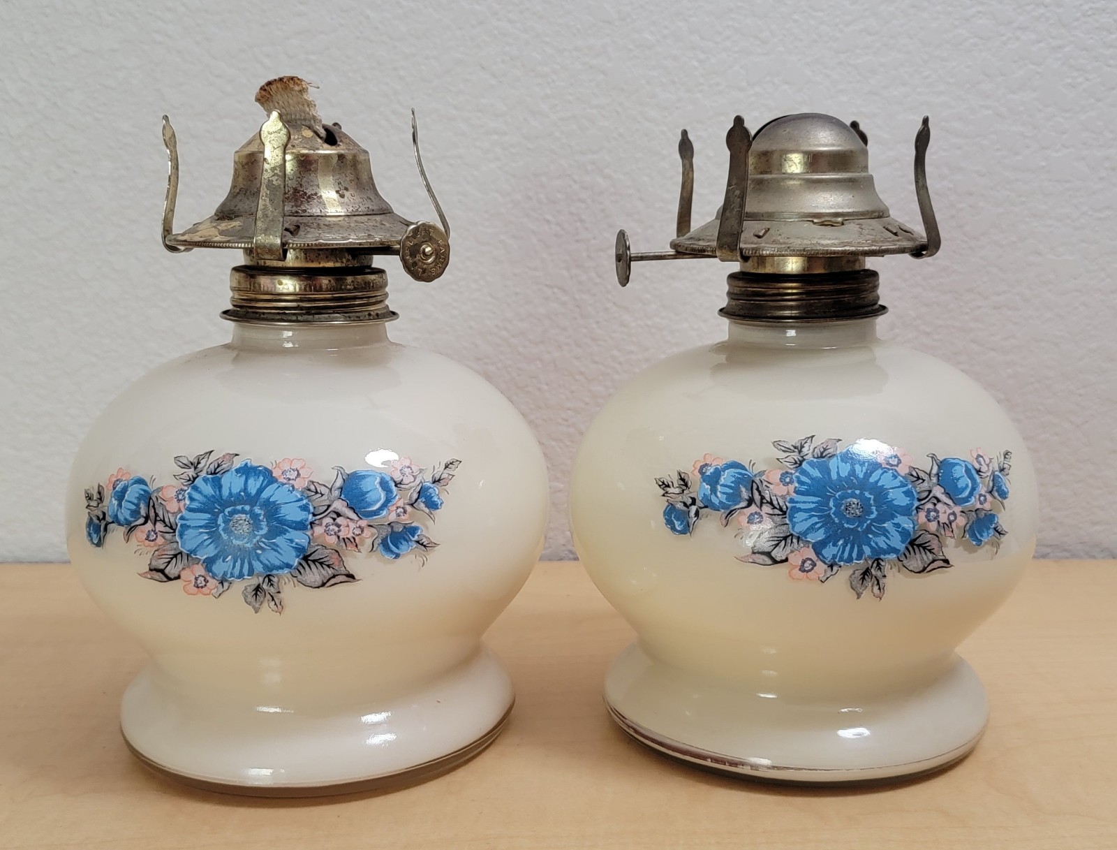 Lot Of 2 Lamplight Farms Kerosene Lamps Blue Pink Floral w/Cream Base