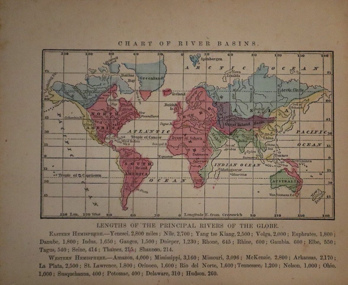 Original 1856 ~ River Basin Chart / Map of the World by Morse & Gaston (6×7)-#49