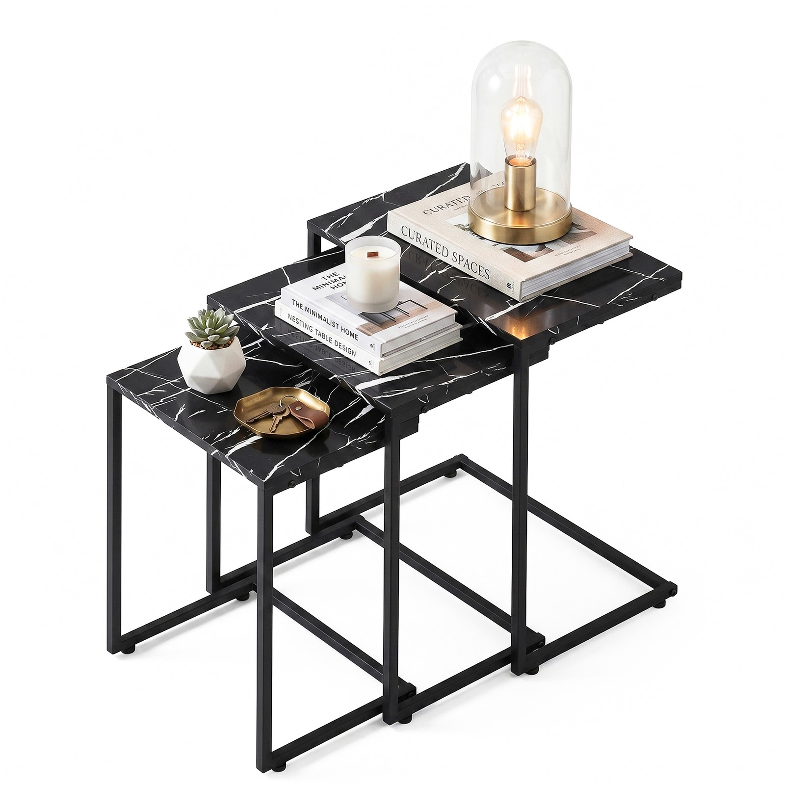 C-Shaped End Table Sofa Side Table Tray Sturdy Wooden Table Black Set of 3