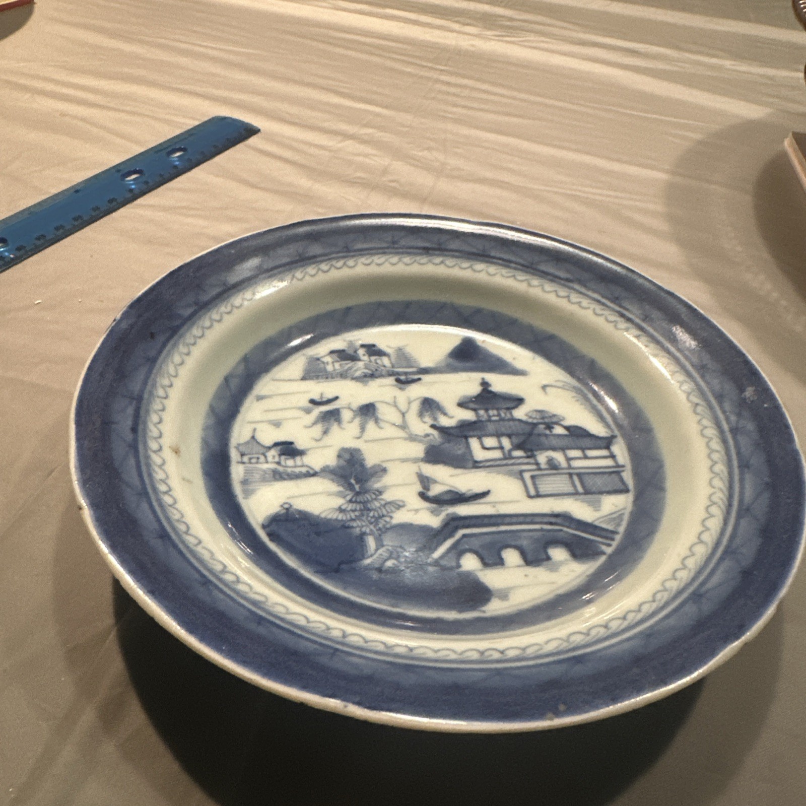 Antique Chinese 7.5” Export Canton Blue White Plate Porcelain Dish pre-1800