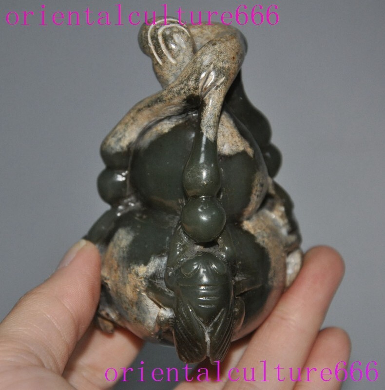 3.2″China ancient hetian Old Jade Carved fengshui wealth cicada calabash statue