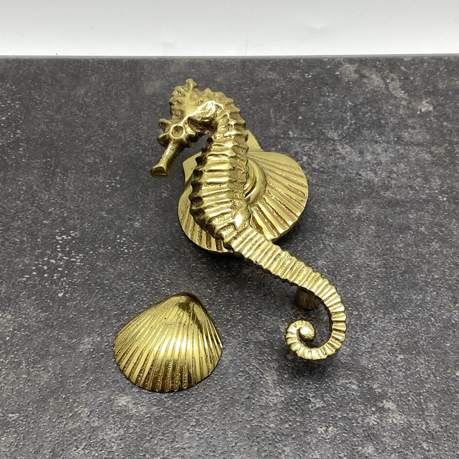Vintage Nautical Solid Brass Seahorse & Scallop Shell Door Knocker Hardware Set
