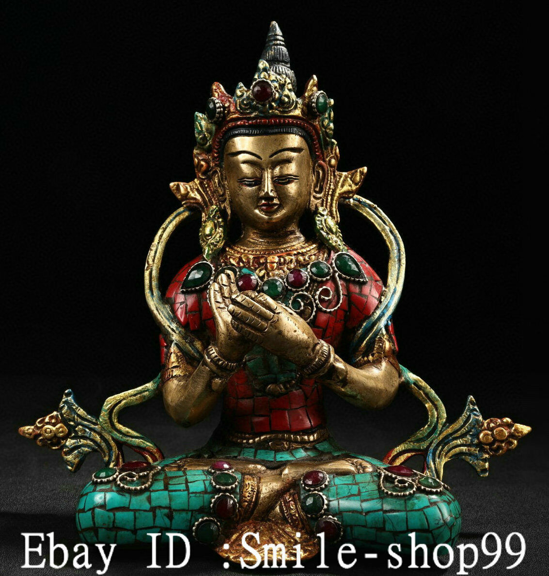 7″Old Nepal Bronze Gild Painting Gem Shakyamuni Sakyamuni Amitabha Buddha Statue