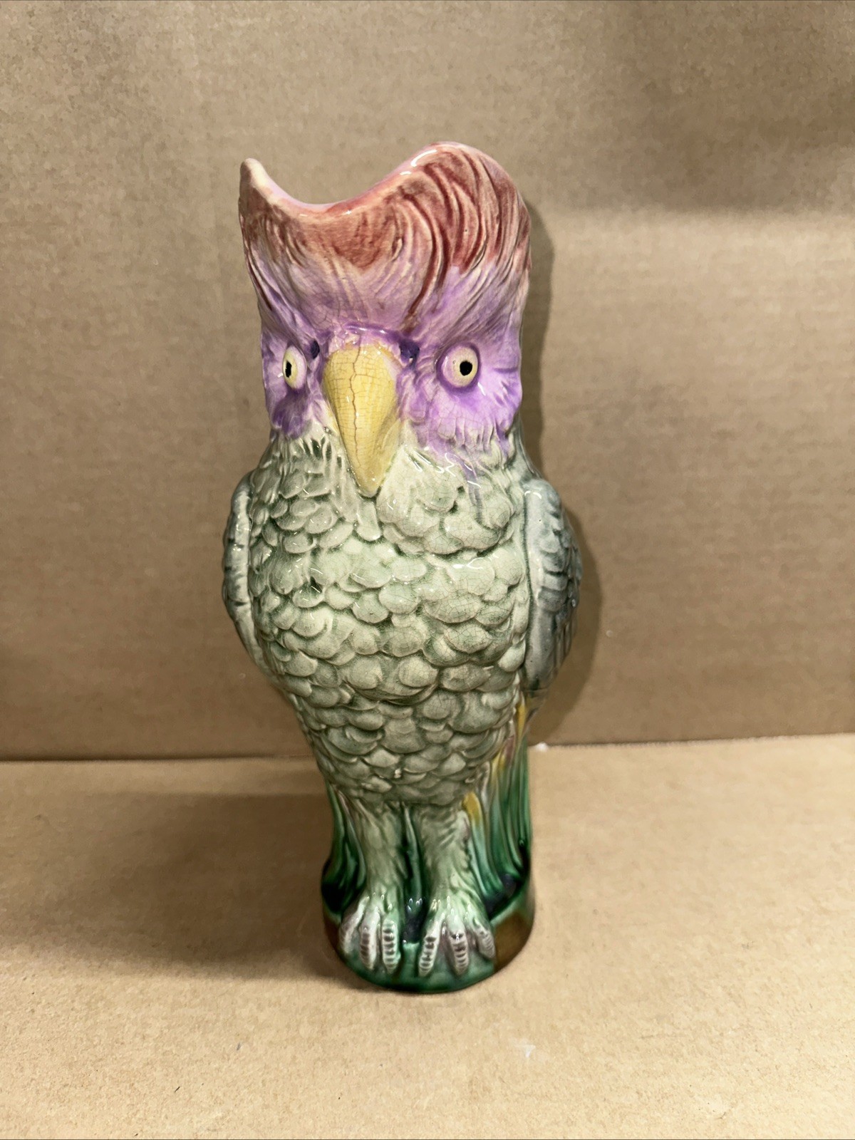 RARE Antique Majolica Cockatoo Pitcher 11.5″ Victorian Figural Bird Jug c.1880s