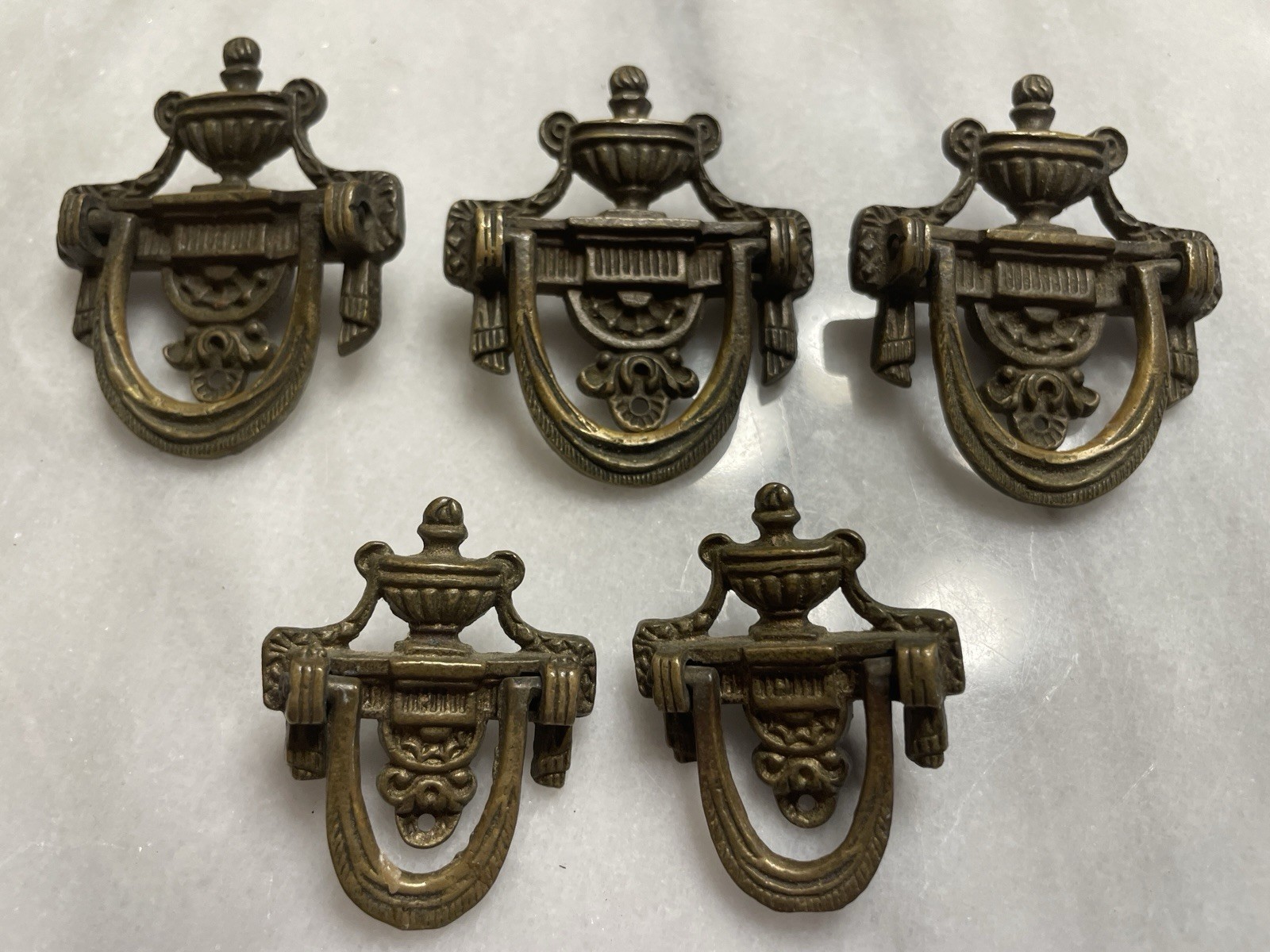 Antique Victorian Urn Bail Drawer Drop Pull Handles Aged Dark Solid Cast Bronze