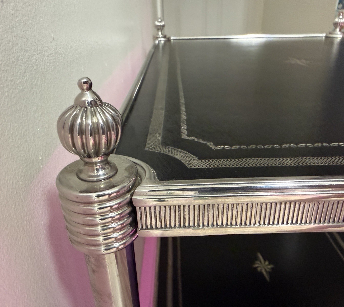 Gorgeous THEODORE ALEXANDER Side Table ( Used ) Black Leather And Silver Accent