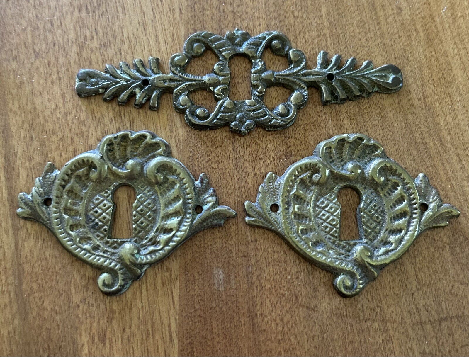 3 Victorian Brass Escutcheon Plates With Ornate Designs