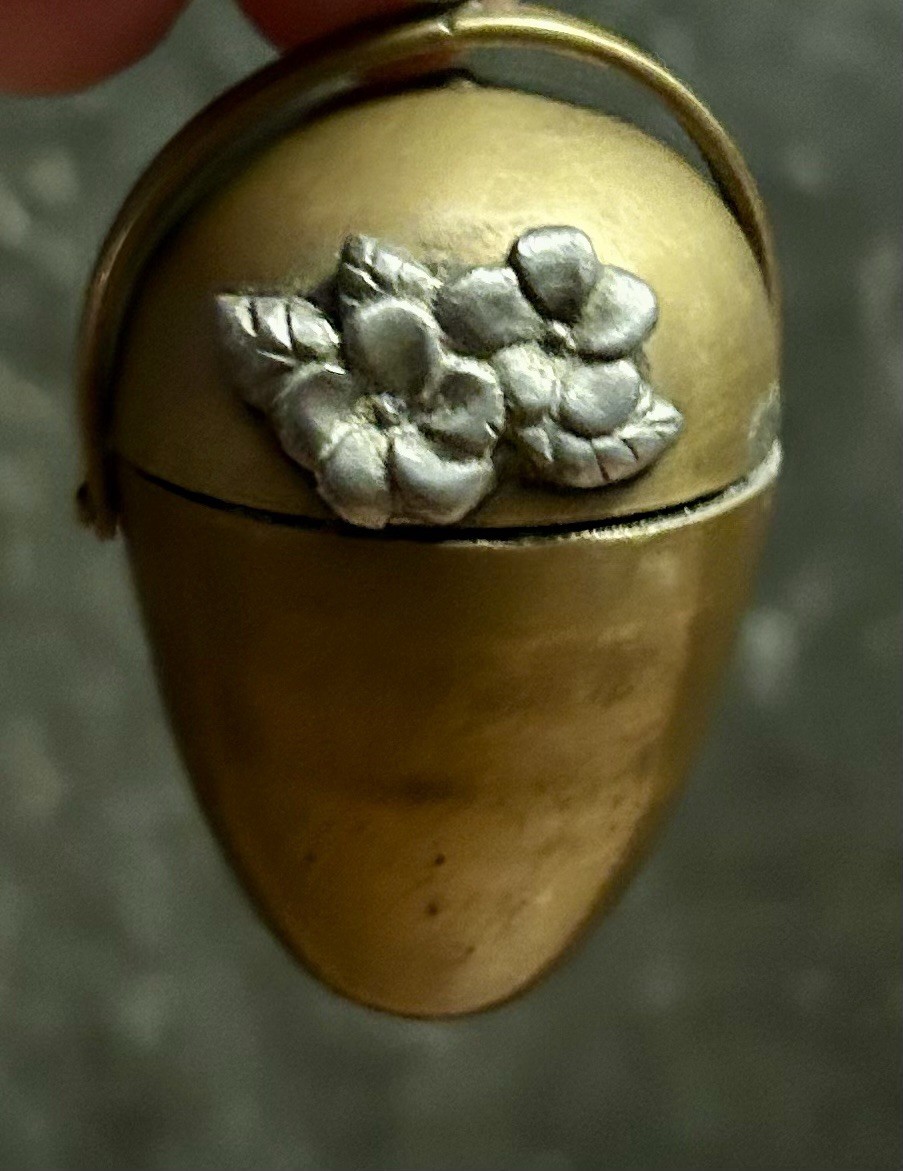 Victorian Brass Thimble Holder Sewing Egg 2″ Silver Flowers Chatelaine 1880s