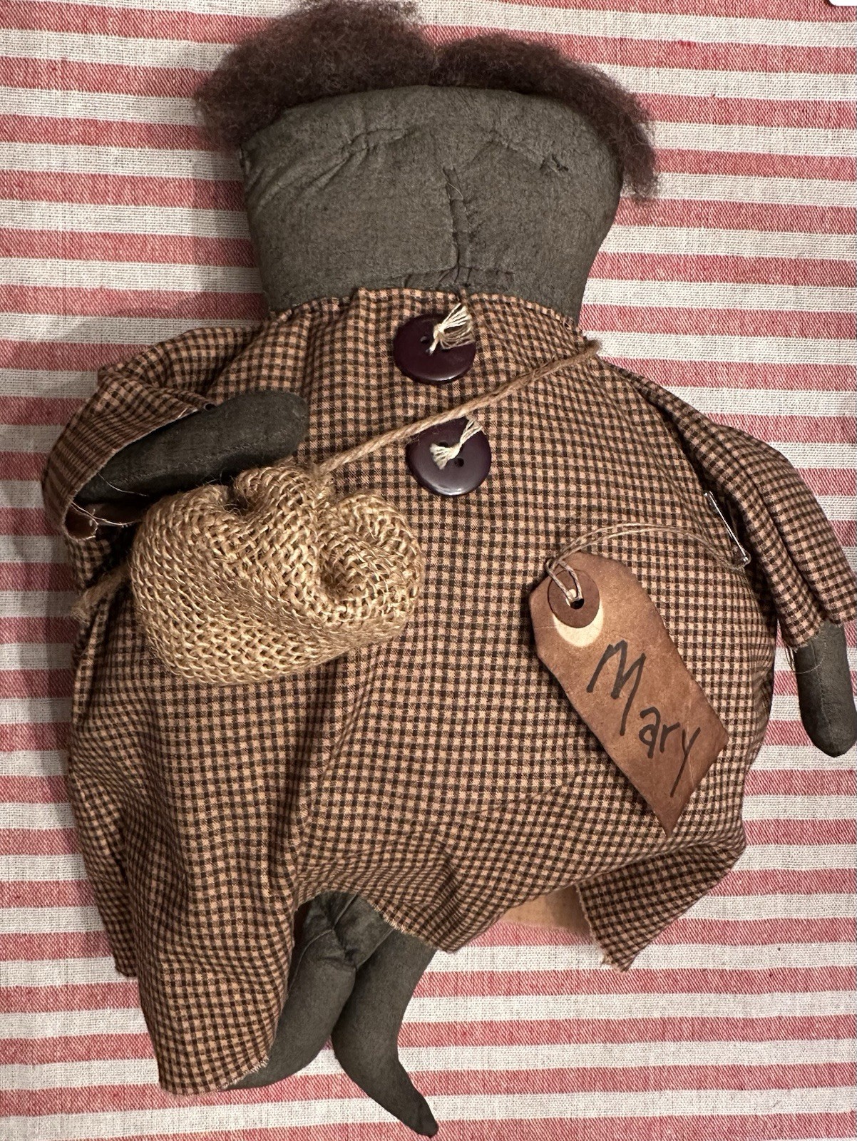 Primitive Folk Art Doll Handmade Mary 14” Farmhouse Checked Dress