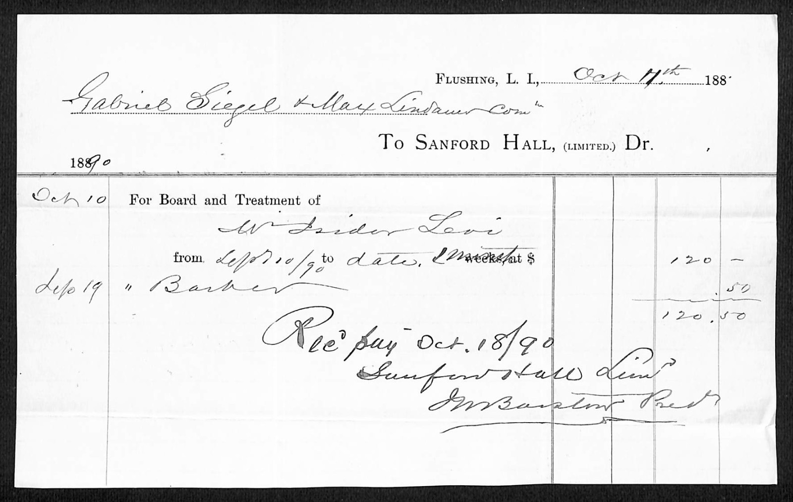 1890 Sanford Hall (Sanitarium) Flushing Queens Medical Treatment Billhead (#29)