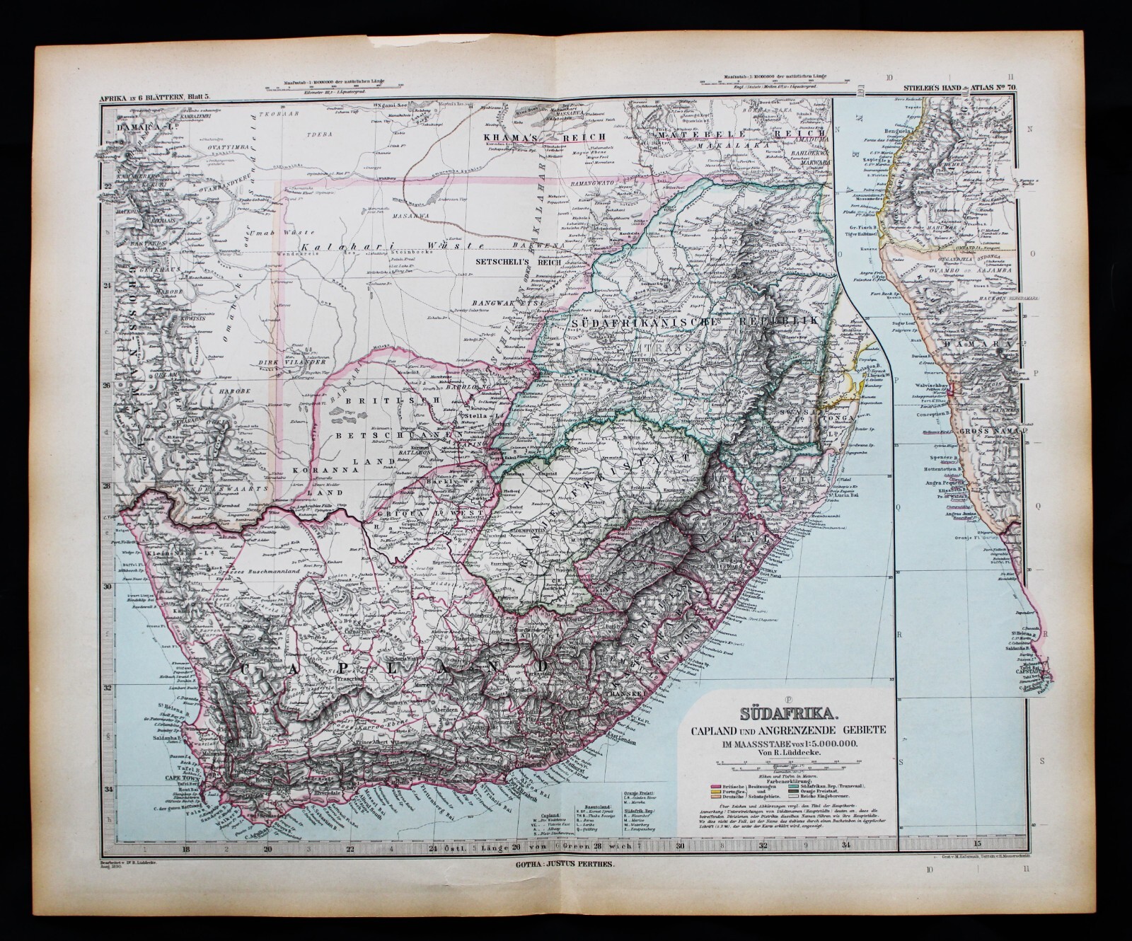STIELERS HAND ATLAS WORLD MAP PLATE PAGE NO 70 SOUTH AFRICA 1888 VINTAGE