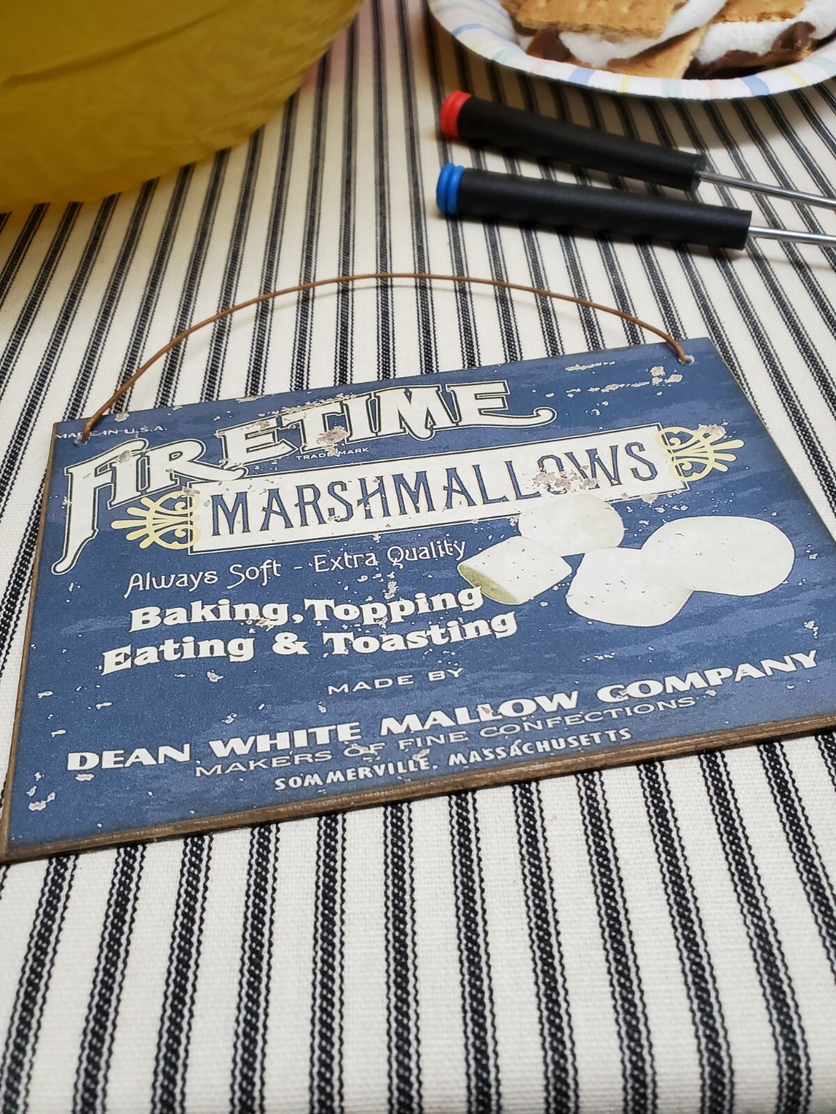 PRIMITIVE ANTIQUE VINTAGE RETRO TIN STYLE FIRETIME MARSHMALLOW WOOD 4 X 6 SIGN