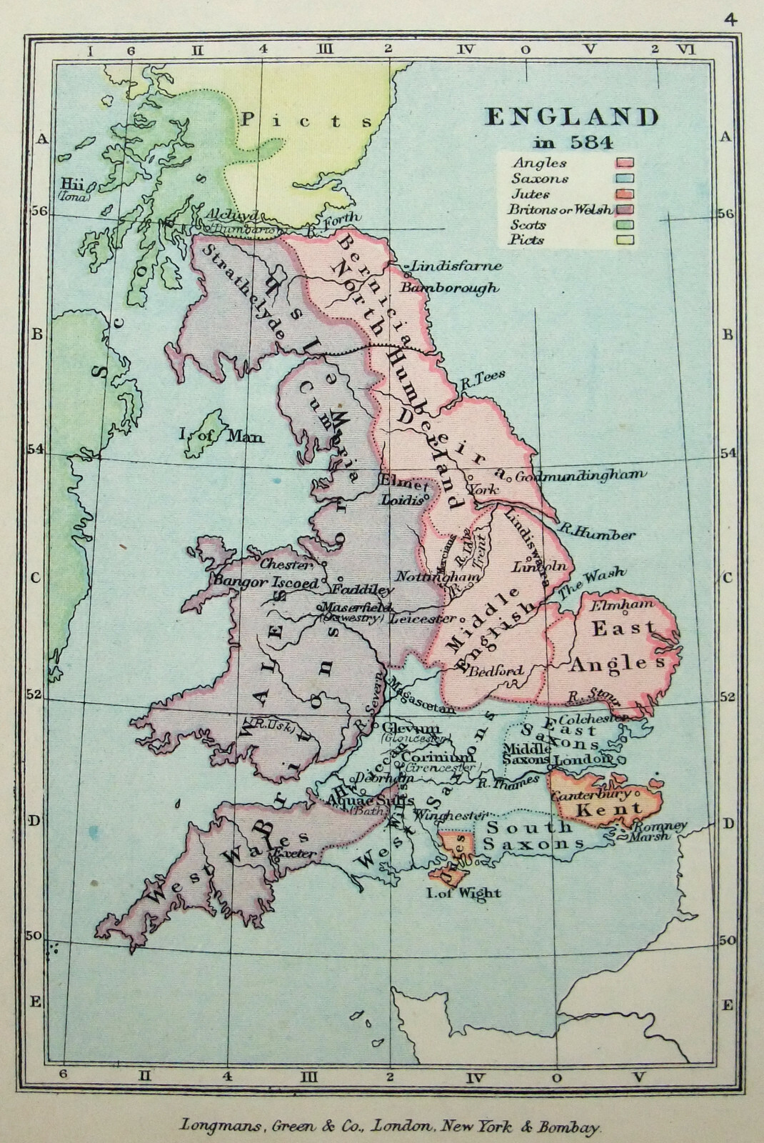 Vintage Longmans Map of England in the Years 584 and 626 AD