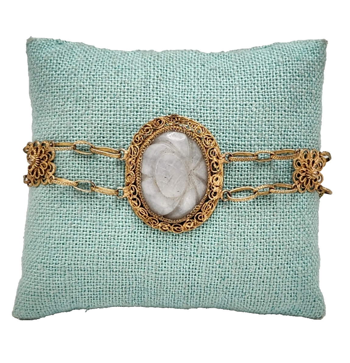 Vintage Chinese Gilt Metal Filigree Floral Carved Green Stone Link Bracelet, 7″