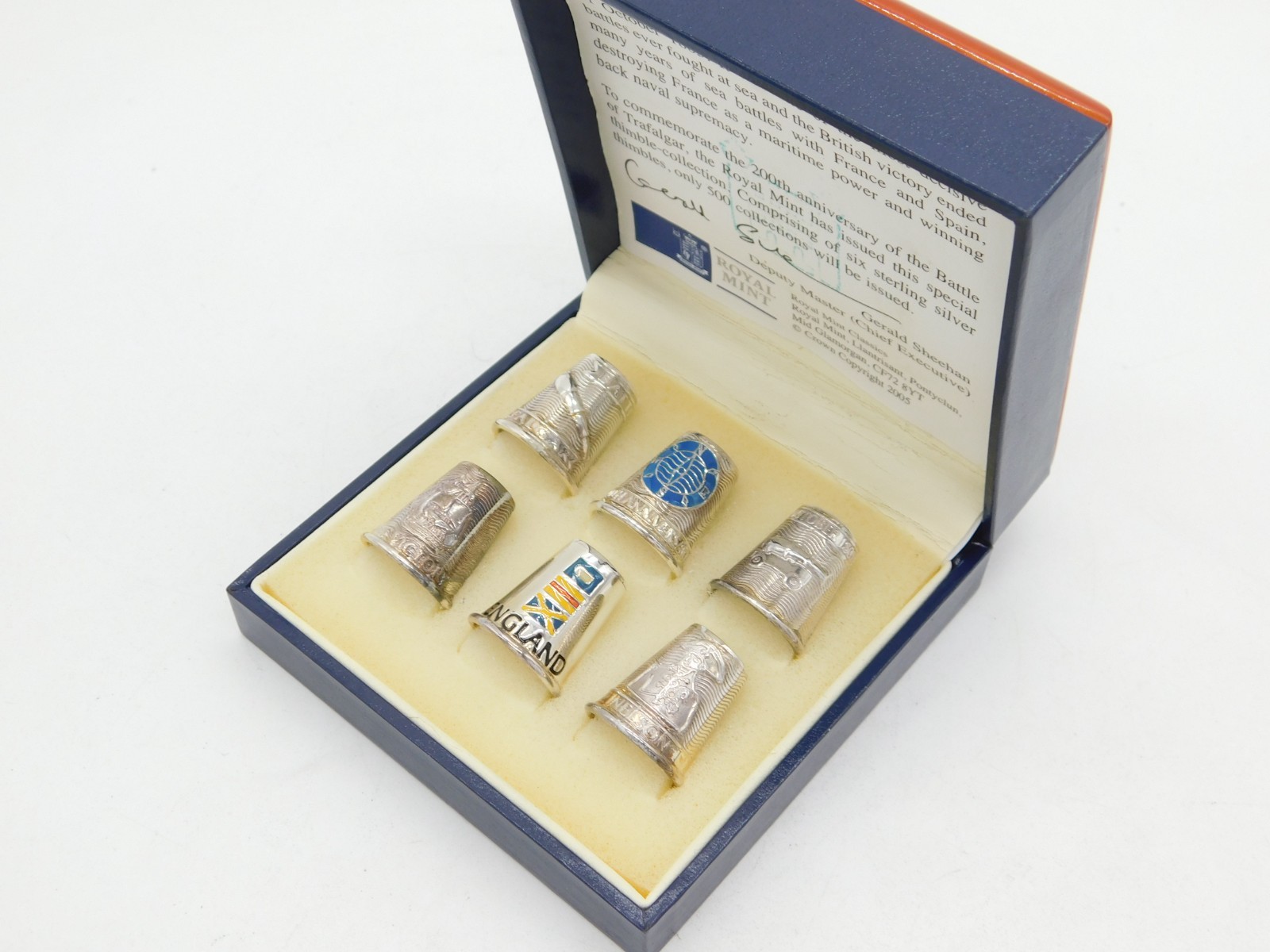 Boxed Set of Six Sterling Silver Battle of Trafalgar Commemorative Thimbles