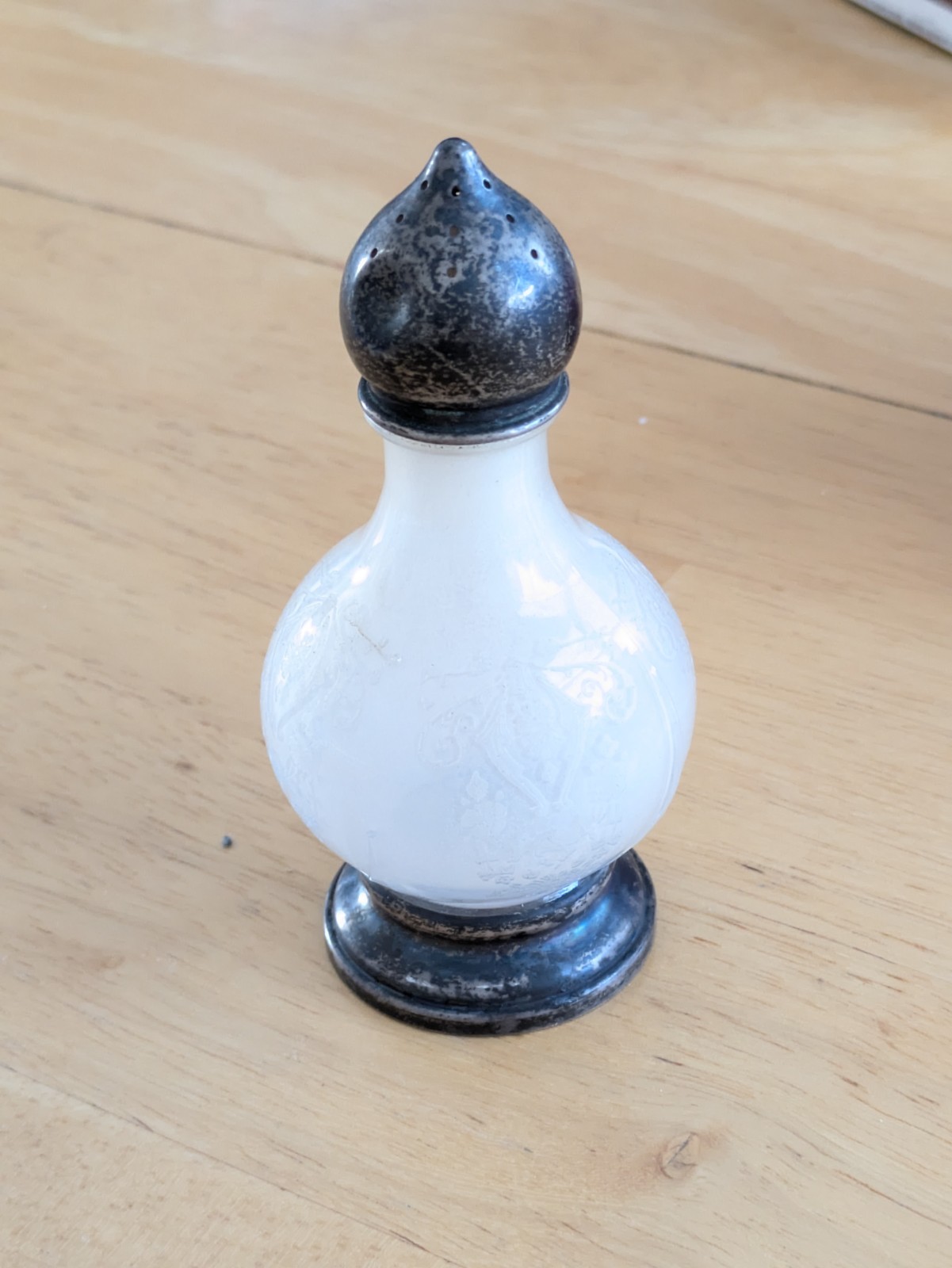 Antique Victorian Sterling Silver & Satin Glass Muffineer Embossed Floral Shaker