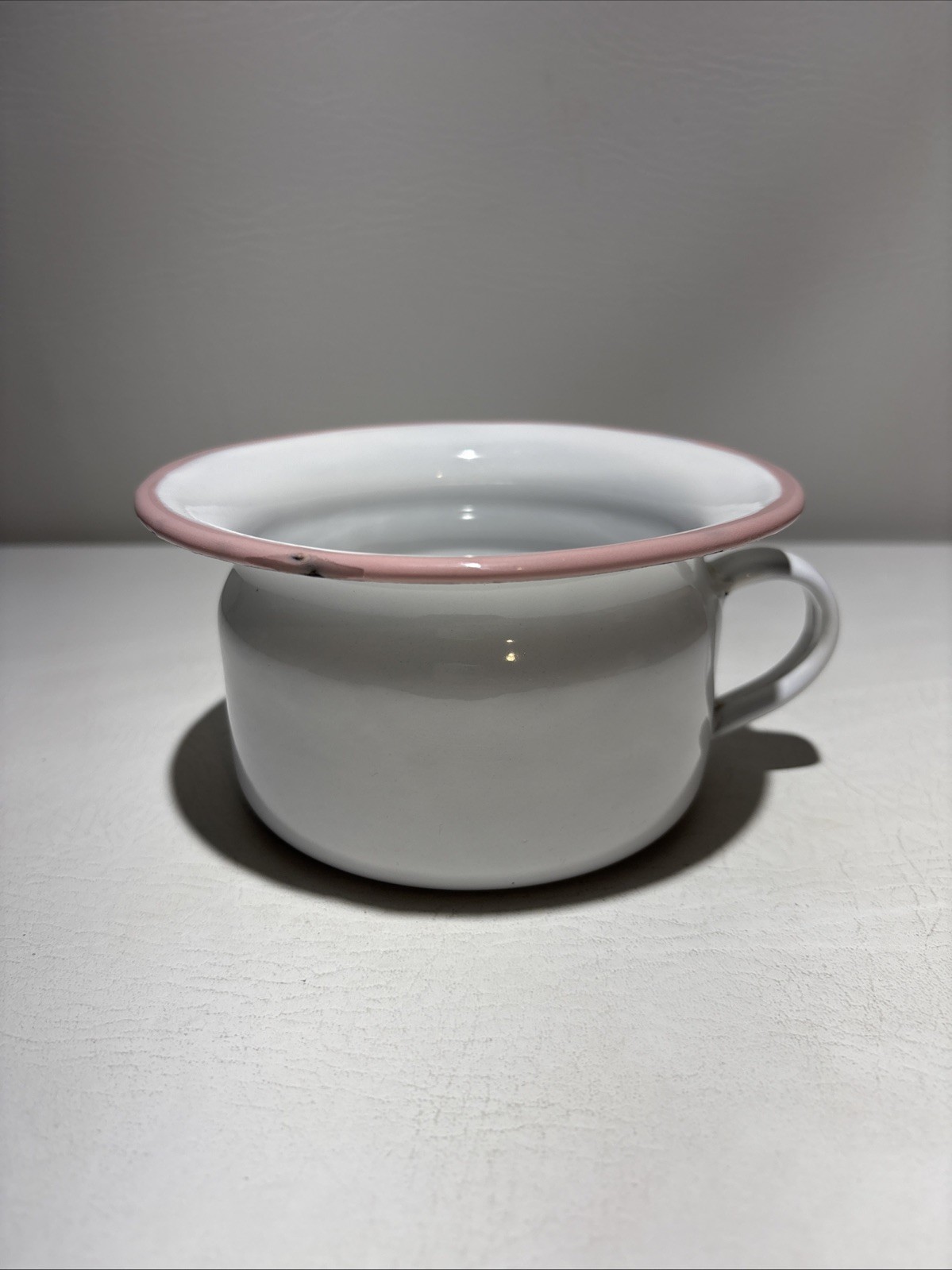 Vintage Enamelware Chamber Pot light Pink Trim – small 5.75” X 3” Made In USA